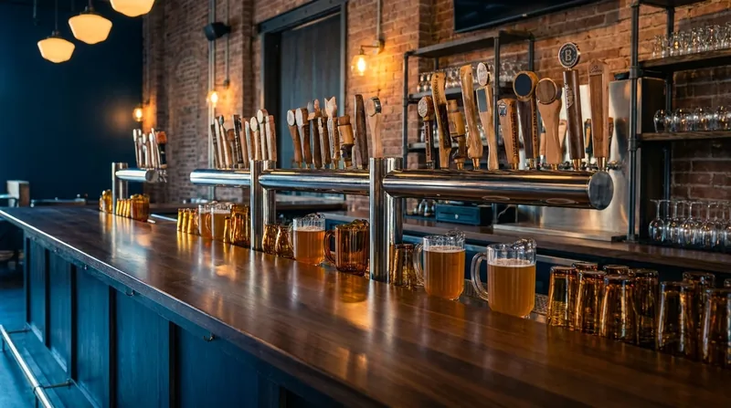 Tap handles and amber glassware on a polished bar in a brick taproom, Indiana Liquor License and Alcohol Permits