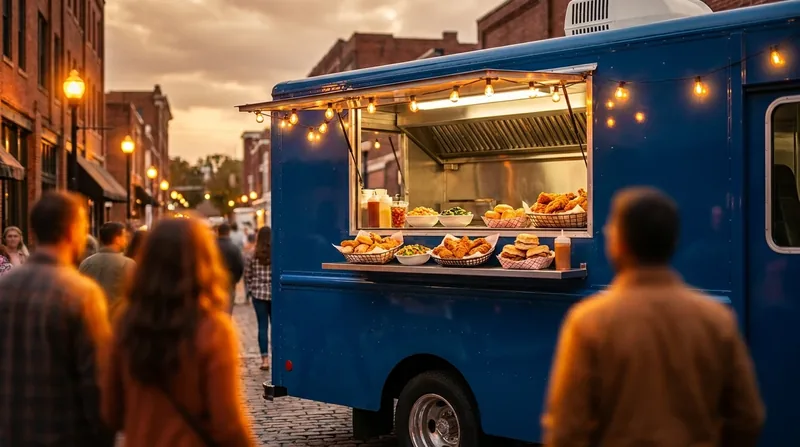 Blue food truck with a lit serving window on an evening street, Indiana Food Truck License