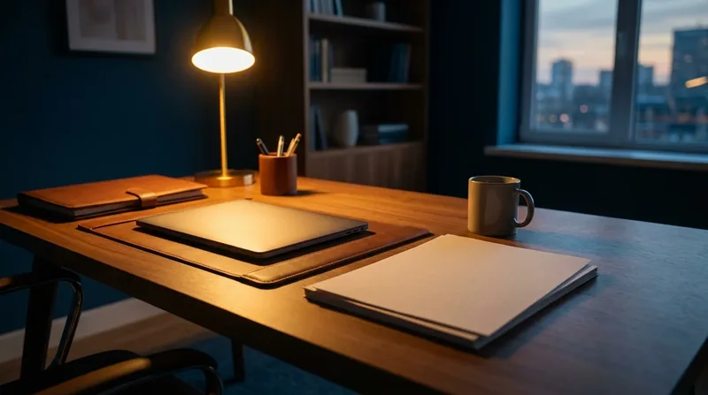 Business formation folders and a closed laptop on a lamp-lit desk, Indiana Foreign LLC Registration