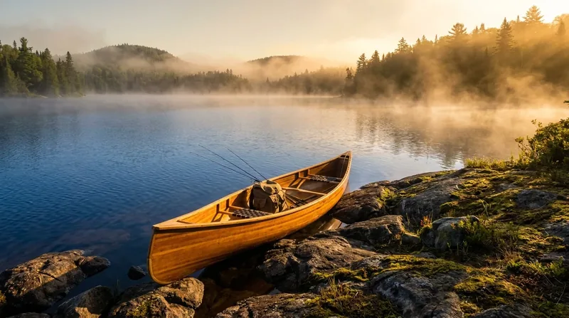 Wooden canoe on a rocky shore of a misty lake at sunrise, How to Start a Fishing Charter or Guide Business on Lake Michigan in Indiana