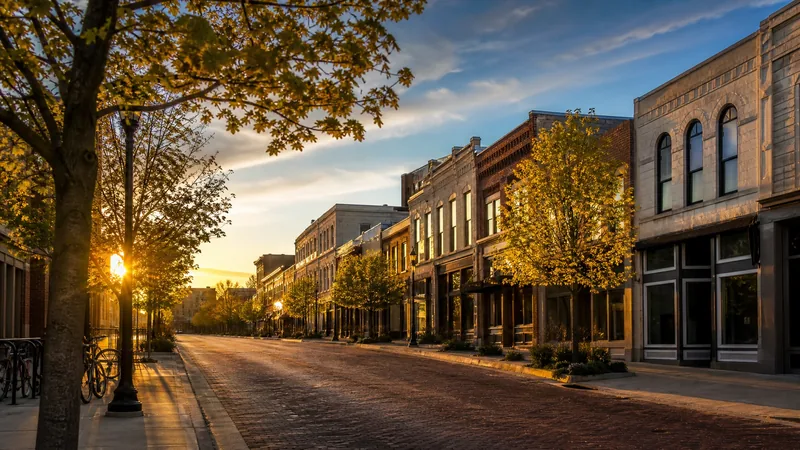 A Midwestern college-town commercial street: limestone and brick storefronts, Monroe County Business License