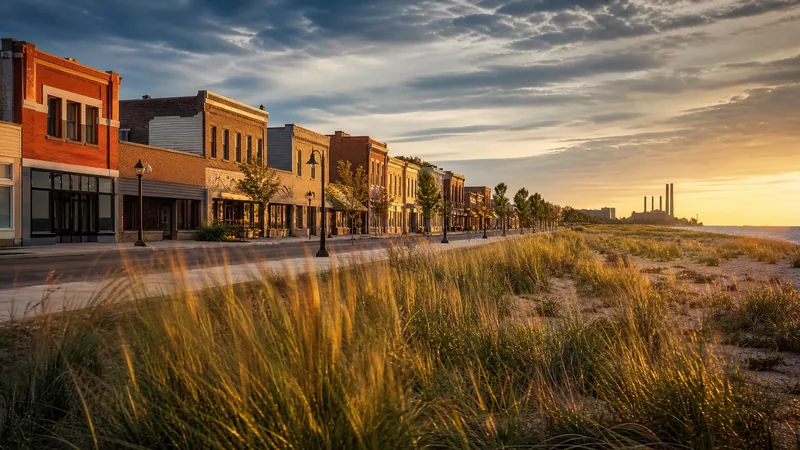 A northwest Indiana lakeshore-area main street: low brick storefronts, Lake and Porter County Business License