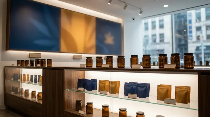 Boutique shelves of amber jars and kraft pouches behind a glass counter, How to Start a Vape or Smoke Shop in Indiana
