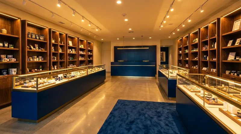 Licensed retail interior with glass display cases and wood shelving, How to Start a Pawn Shop in Indiana