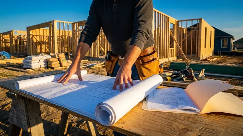 Contractor reviewing blueprints at a framed residential jobsite, How to Start an HVAC Business in Indiana