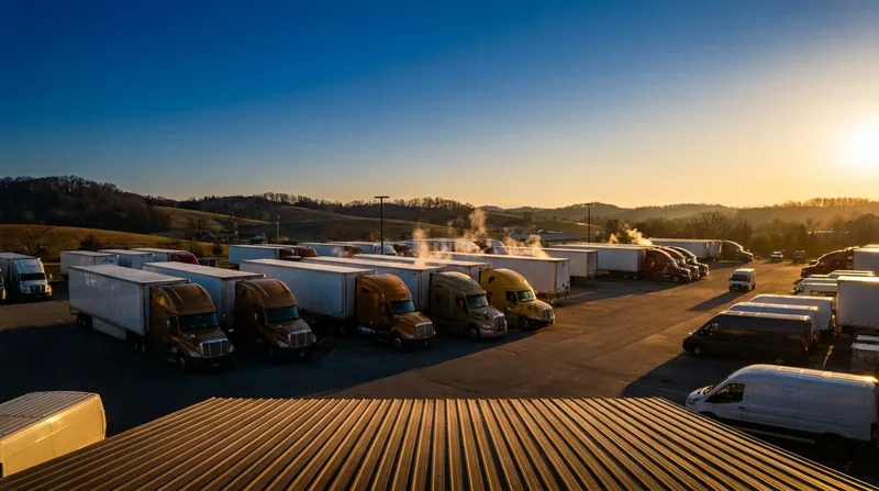 Box trucks and semis parked at a logistics yard at sunrise, How to Start a Freight Brokerage in Indiana